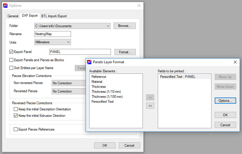 DXF export options window