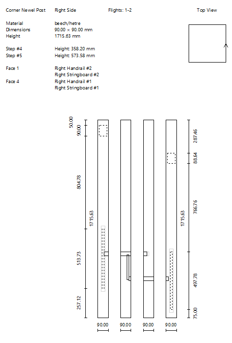 newel post 2D plan with dimensions