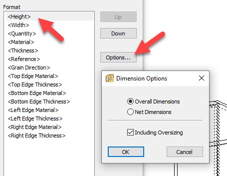 cutting list window options for overall vs net dimensions