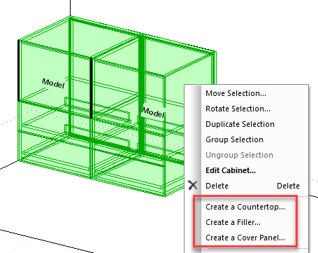 project mode options to add a worktop, filler and cover panel