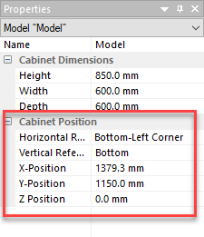 cabinet position parameters in the properties menu
