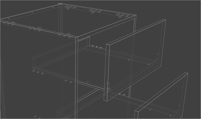 tiroirs avec détails d’usinage pour la quincaillerie dans PolyBoard