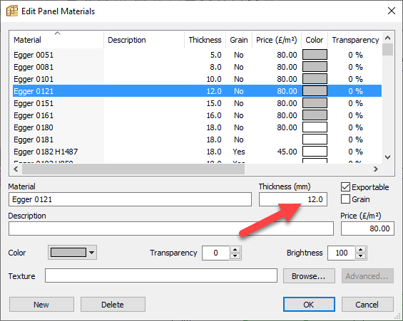 Material thickness of an Egger material in the Panel material library