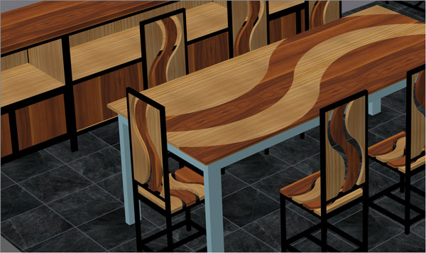 metal and wood dining room model featuring surface split command