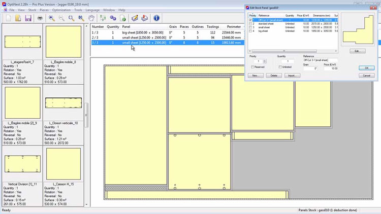 OptiNest software showing parts nested ready for cutting and machining