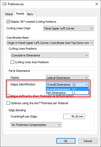 net and overall dimensions setting in opticut