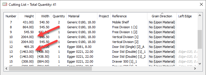 cutting list showing net dimensions