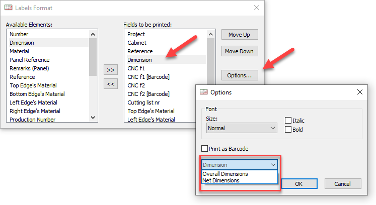 net and overall dimensions settings in label set up window