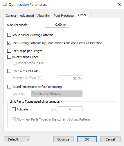Other optimization parameters tab in opticut