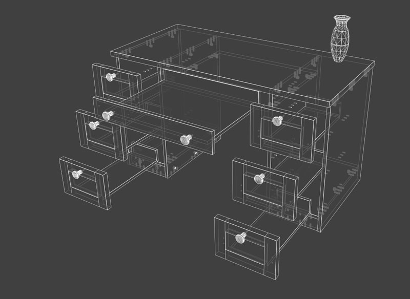 wireframe of desk in bedroom project showing hardware